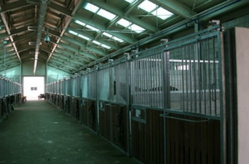 양쪽으로 마구간 칸이 늘어선 실내 마방 통로